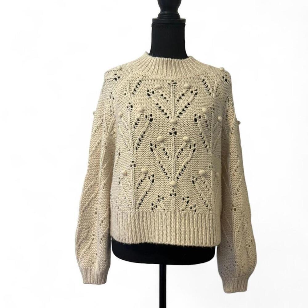 Cream cable knit sweater with pom poms Size Medium